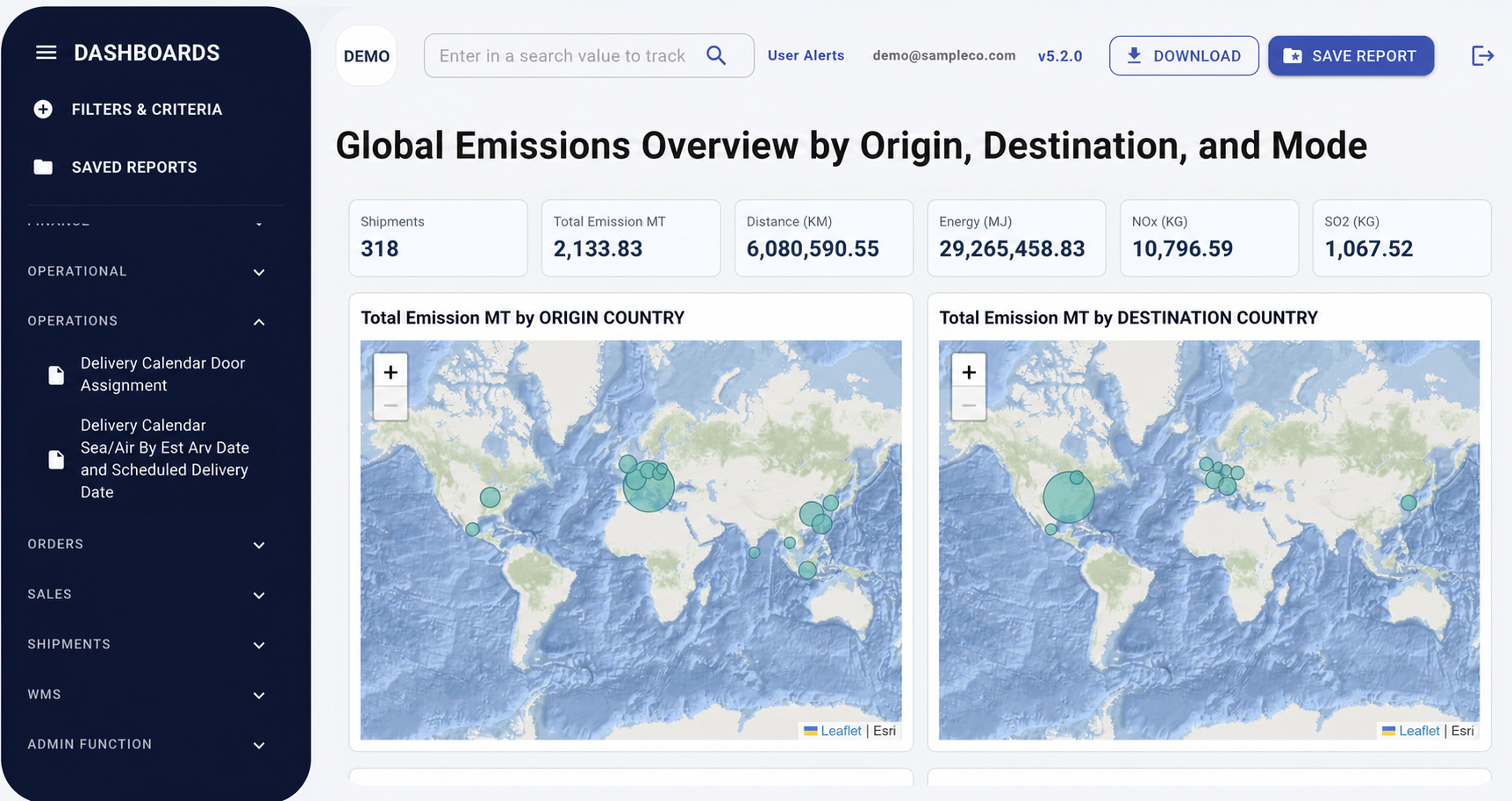 RMS global emissions dashboard with shipment and emissions KPIs plus origin and destination maps using a generic demonstration account