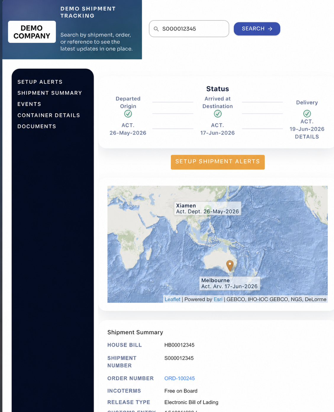 Customized RMS customer shipment tracking page with status and map context