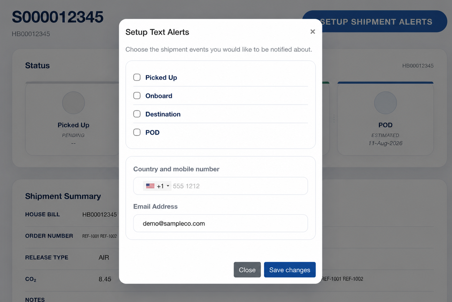RMS customized shipment alert dialog for selecting milestone notifications and contact details using generic demonstration information