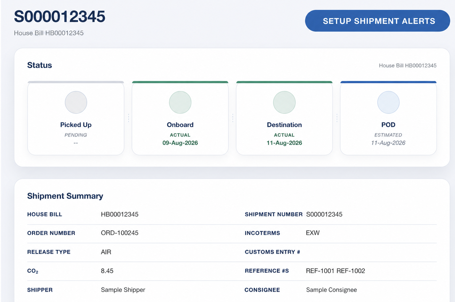 RMS customized shipment status timeline and summary with alert setup using generic demonstration identifiers and company names