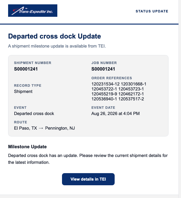 RMS Per Event User Alert email showing a shipment milestone status update, event details and a link to current information
